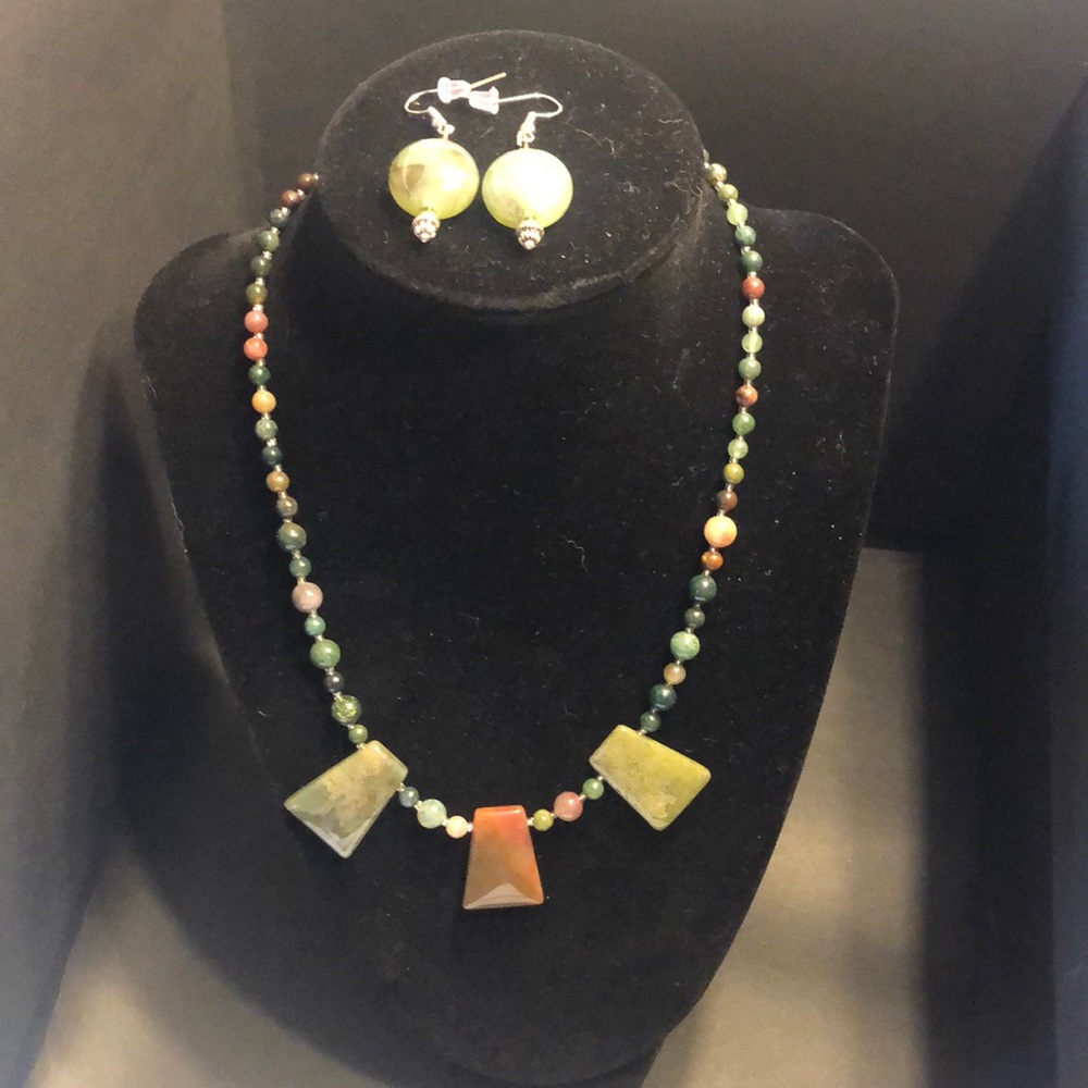 Handcrafted Round Green Toned Silver Earrings and Matching Necklace